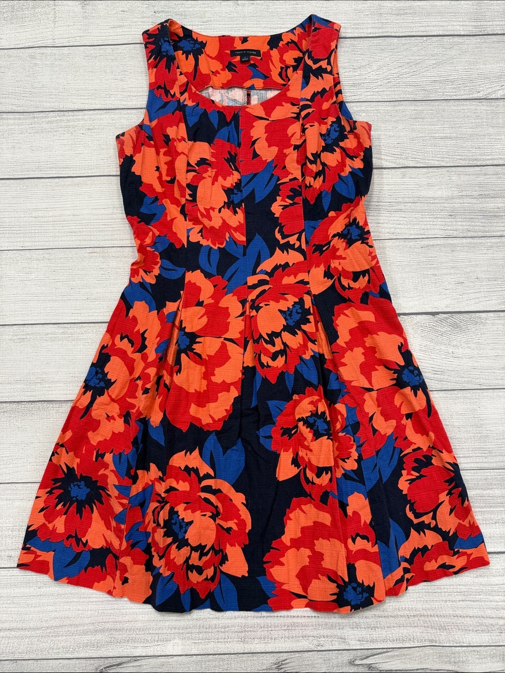 Tommy Hilfiger Floral Fit & Flare Dress Orange Navy Sleeveless Size 4